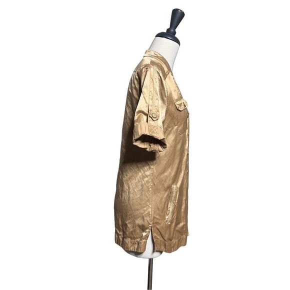 Spanner Silky Gold Metallic Snap up Tunic Blouse Roll Tab Sleeves Size 2 - Picture 3 of 5